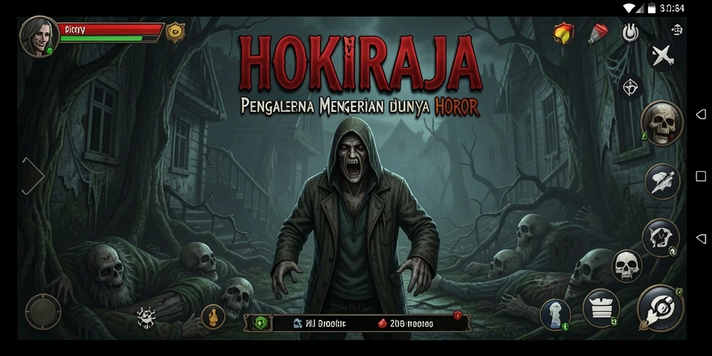 Tampilan gameplay menakutkan dalam HOKIRAJA dengan suasana mencekam.