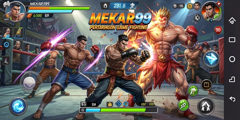 Tampilan gameplay MEKAR99 dengan pertarungan intens dan grafis kaya warna.