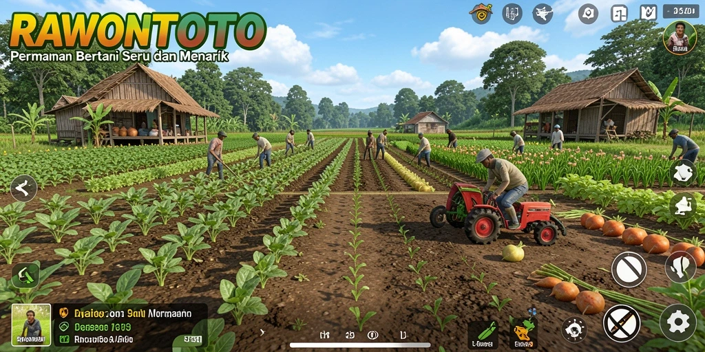 Screenshot gameplay RAWONTOTO menampilkan ladang yang ramai dan berwarna-warni.