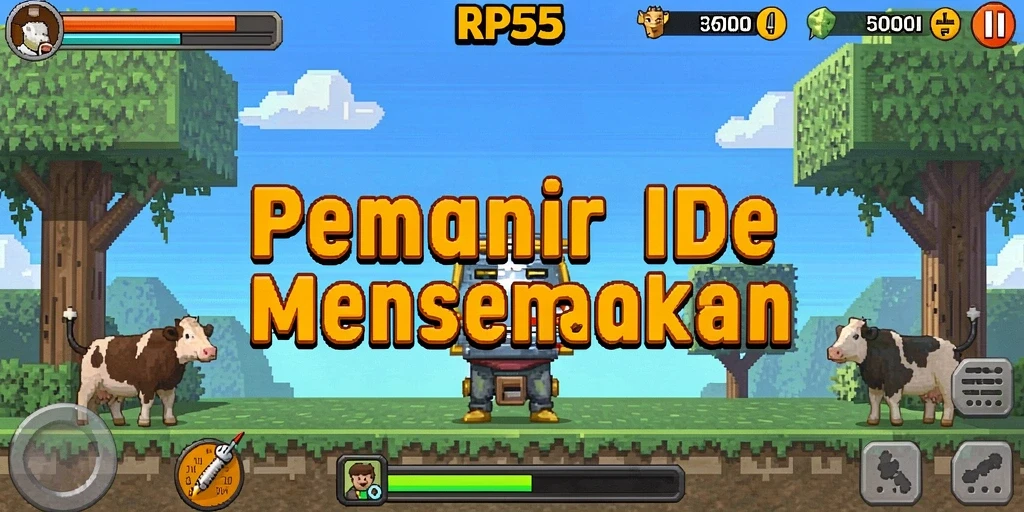 Screenshot gameplay RP55 menampilkan keseruan saat karakter mengumpulkan sumber daya.