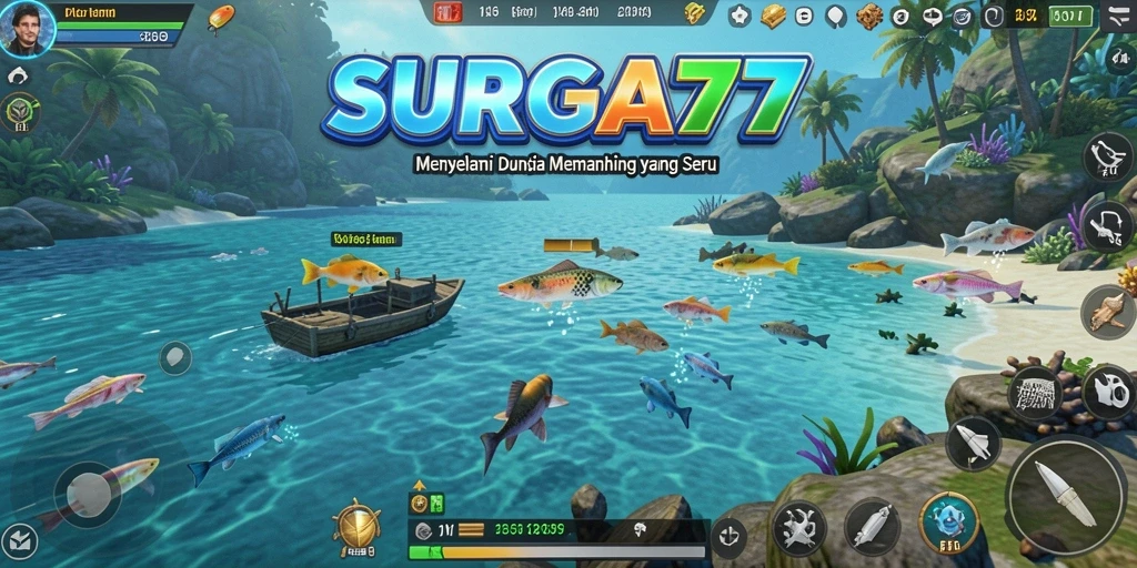 Screenshot gameplay SURGA77 yang menampilkan pemain menangkap ikan dengan gaya.