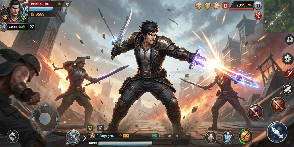 Screenshot gameplay T9999 menunjukkan aksi mendebarkan di medan tempur.