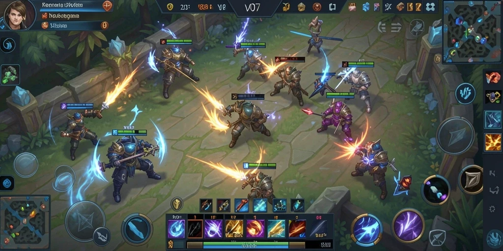 Tampilan gameplay seru di V07 dengan aksi MOBA yang mendebarkan.